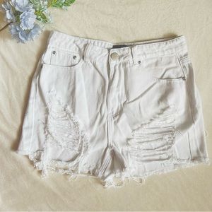 Pretty Little Thing Raw Hem Ripped White Denim Shorts